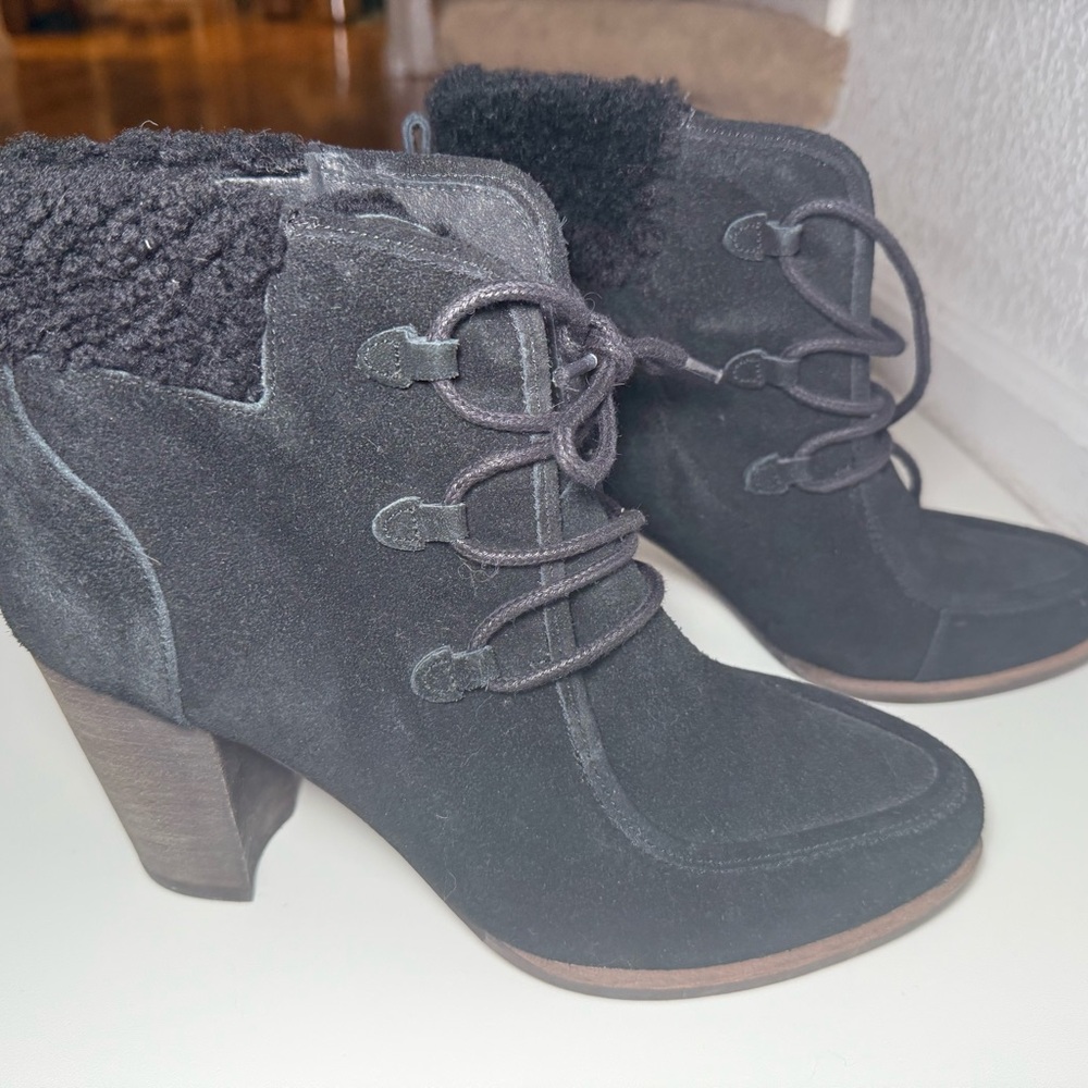 UGG Black Heeled Boots with Fur Trim